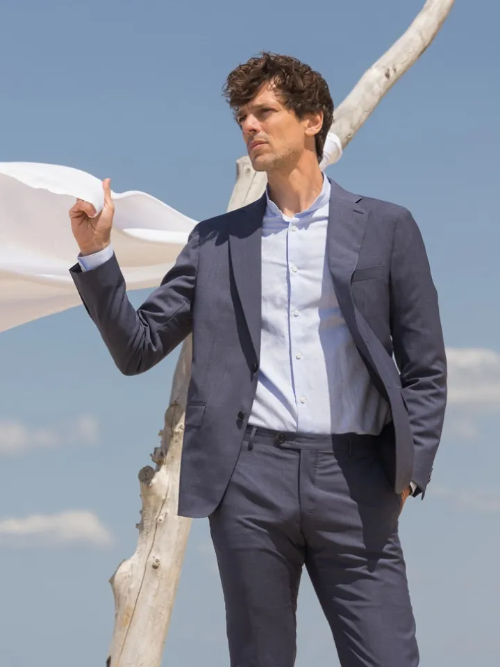 Chemise col Mao en lin bleu ciel