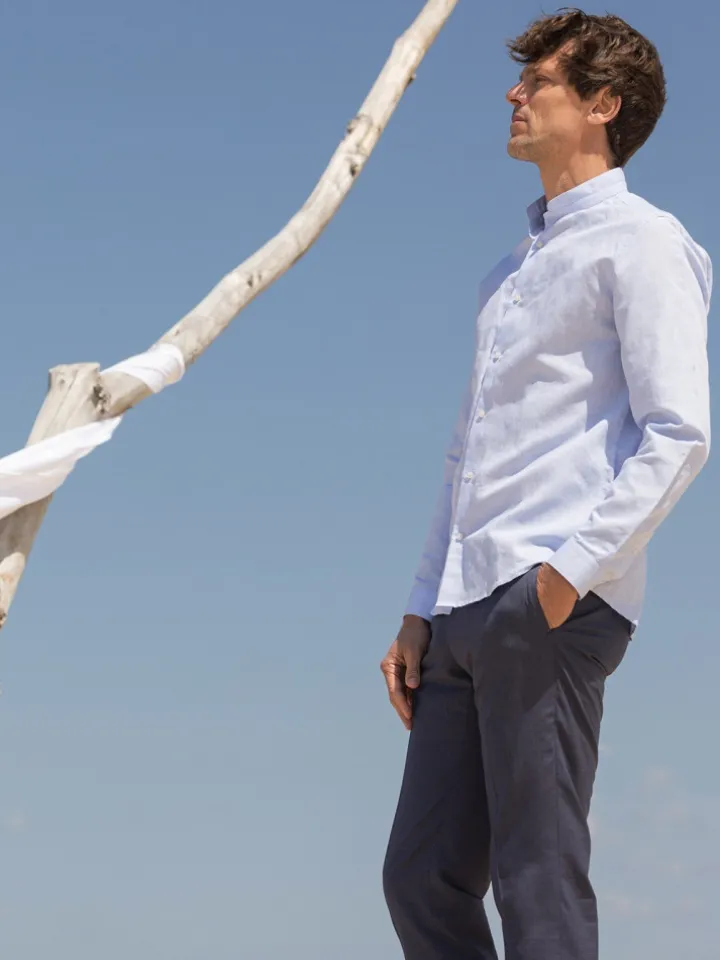 Chemise col Mao en lin bleu ciel