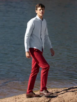 Chemise col mao en oxford japonais à rayures bleu ciel