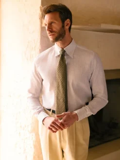 Chemise col napolitain à rayures vert olive