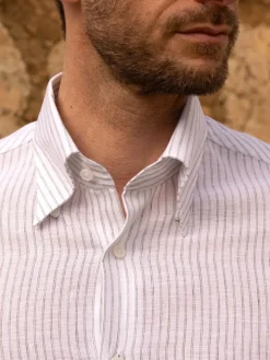 Chemise col napolitain à rayures vert olive