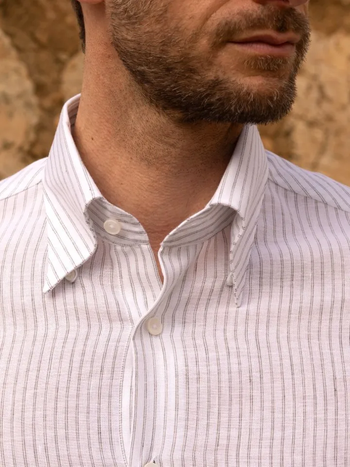 Chemise col napolitain à rayures vert olive