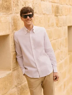 Chemise col napolitain à rayures beiges