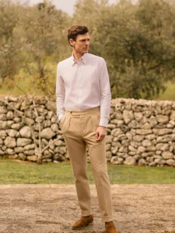 Chemise col napolitain à rayures beiges
