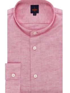 Chemise col officier en lin et coton rouge