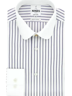 Chemise col rond à triples rayures bleu marine