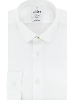 Chemise col rond en dobby blanc avec bouton doré