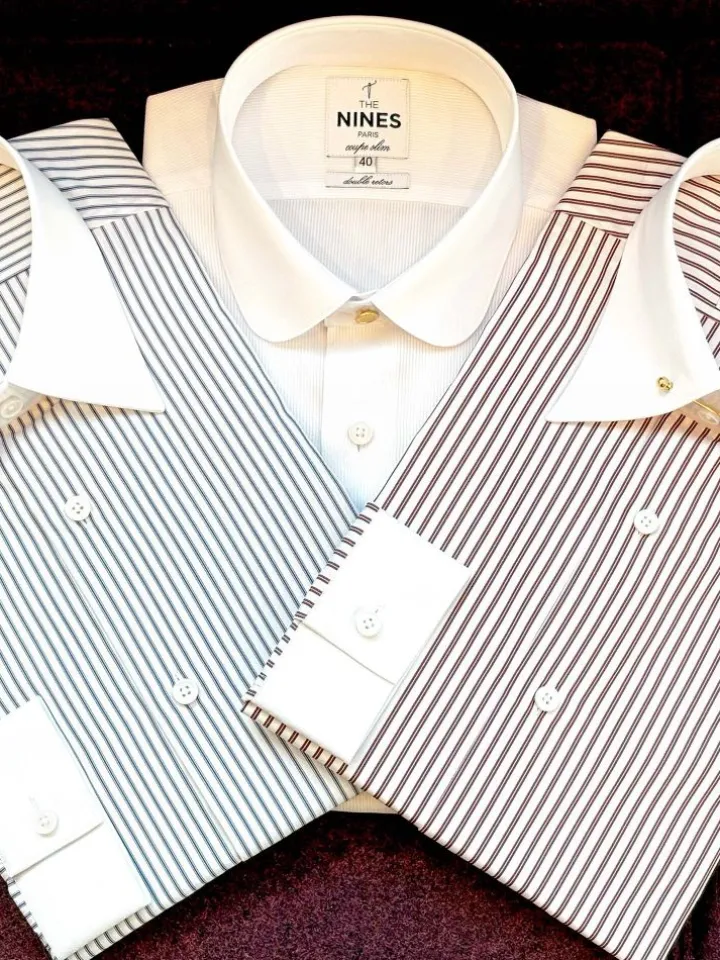 Chemise col rond en dobby blanc avec bouton doré