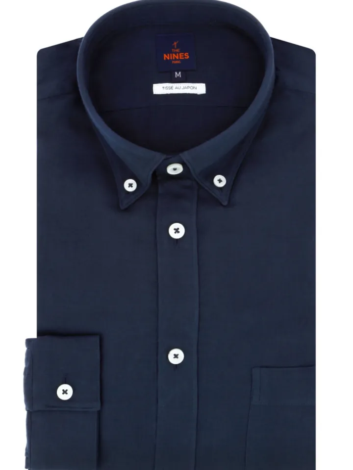 Chemise en gaze de coton bleu marine col américain