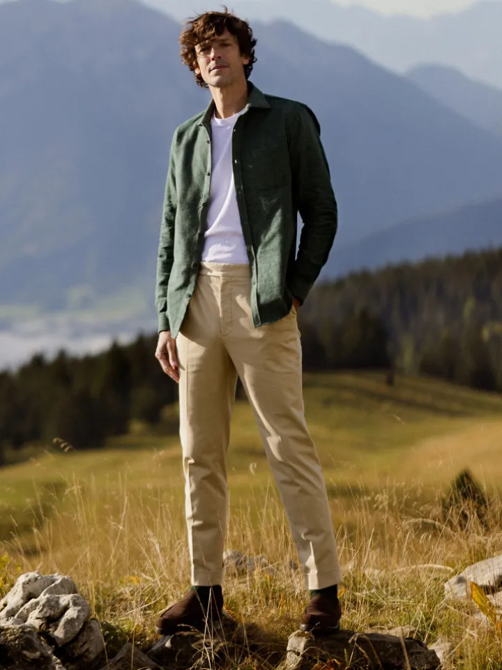Chemise verte en flanelle épaisse col italien