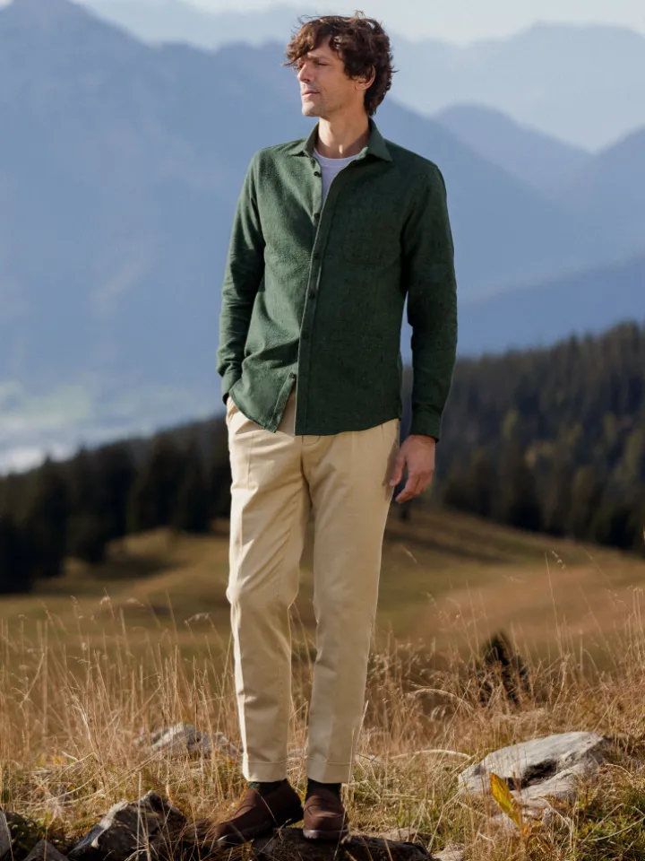 Chemise verte en flanelle épaisse col italien