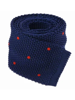 Cravate tricot en soie bleue à pois orange