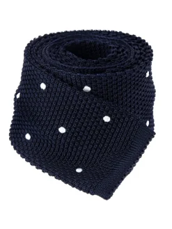Cravate tricot en soie bleu marine à pois blancs
