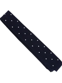 Cravate tricot en soie bleu marine à pois blancs