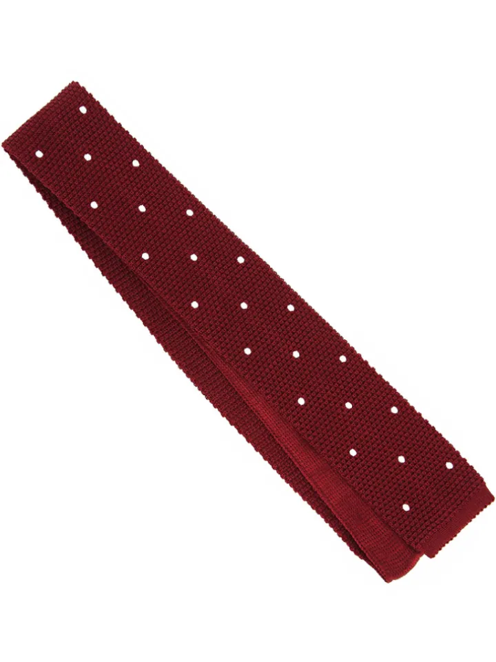 Cravate tricot en soie rouge grenat à pois blancs