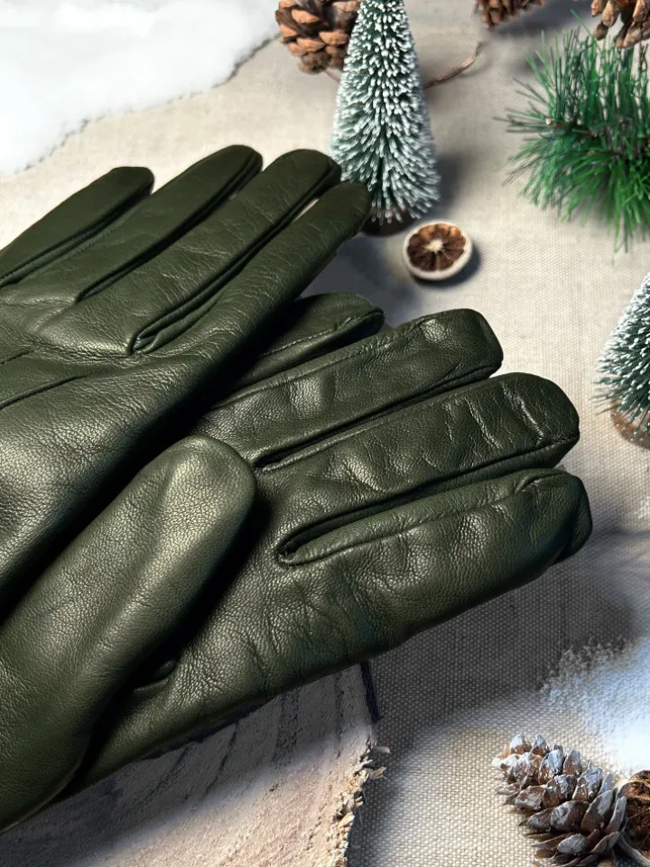 Gants en cuir kaki doublure cachemire