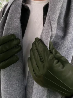 Gants en cuir kaki doublure cachemire