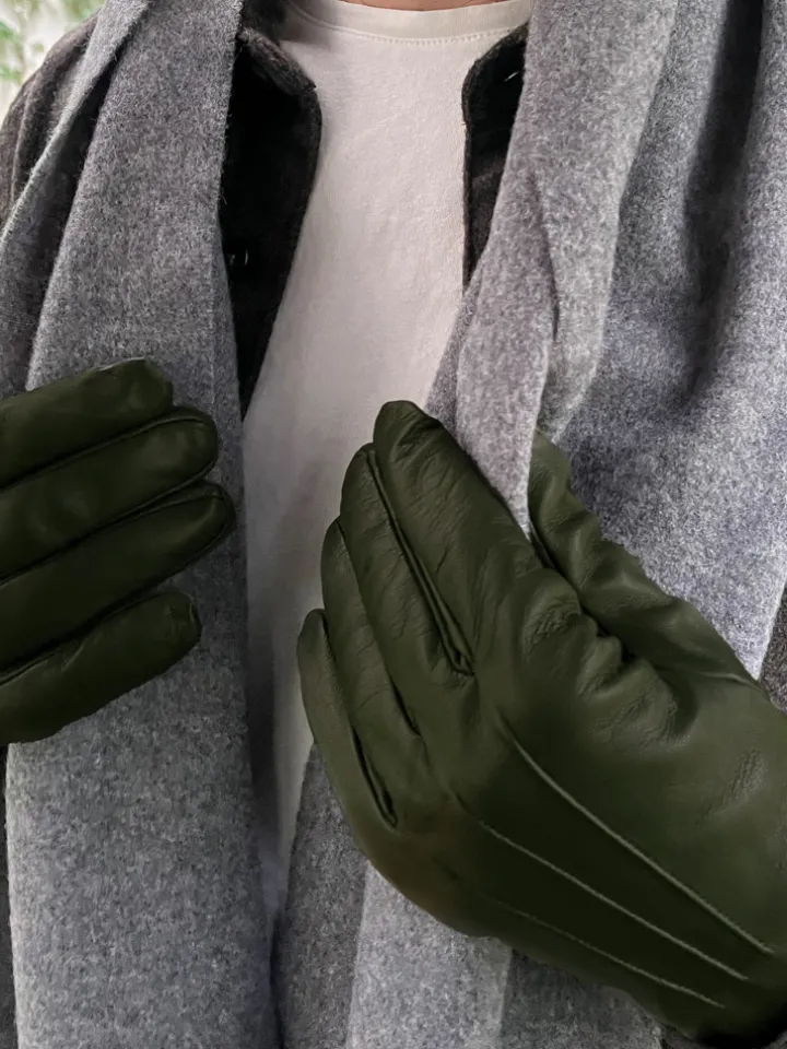 Gants en cuir kaki doublure cachemire