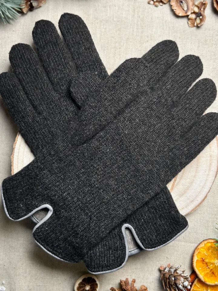 Gants en laine gris anthracite doublure cachemire beige