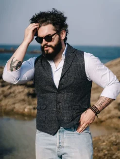 Gilet homme en laine mélangée bleu marine
