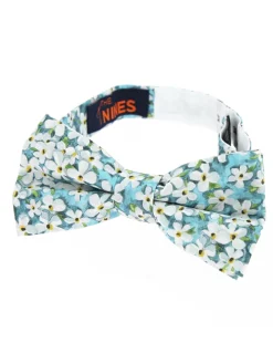 Noeud papillon liberty bleu lagon à fleurs blanches jasmin