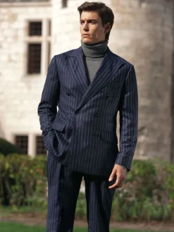 Pantalon en flanelle bleu marine à rayures Tregorn