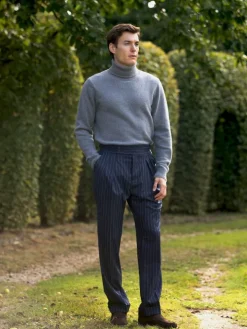 Pantalon en flanelle bleu marine à rayures Tregorn