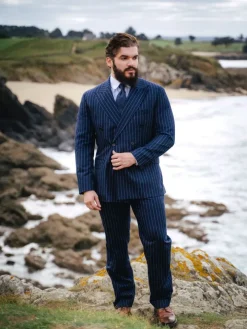 Pantalon en flanelle bleu marine à rayures Tregorn