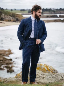 Pantalon en flanelle bleu marine à rayures Tregorn