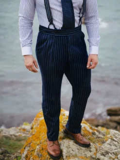 Pantalon en flanelle bleu marine à rayures Tregorn