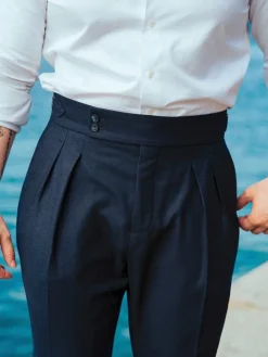Pantalon taille haute en flanelle bleu marine Litha