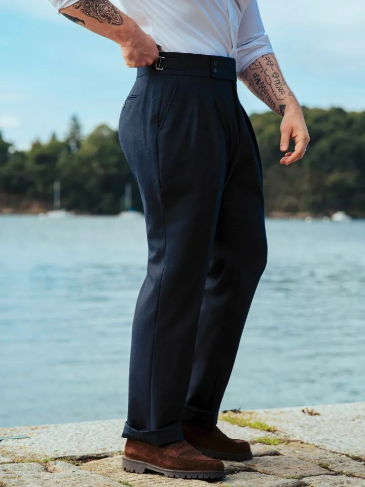 Pantalon taille haute en flanelle bleu marine Litha
