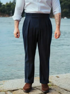 Pantalon taille haute en flanelle bleu marine Litha