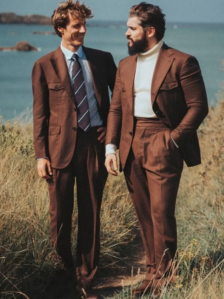 Pantalon taille haute en flanelle marron Litha
