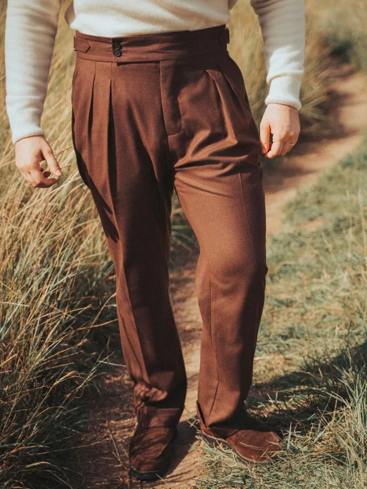 Pantalon taille haute en flanelle marron Litha