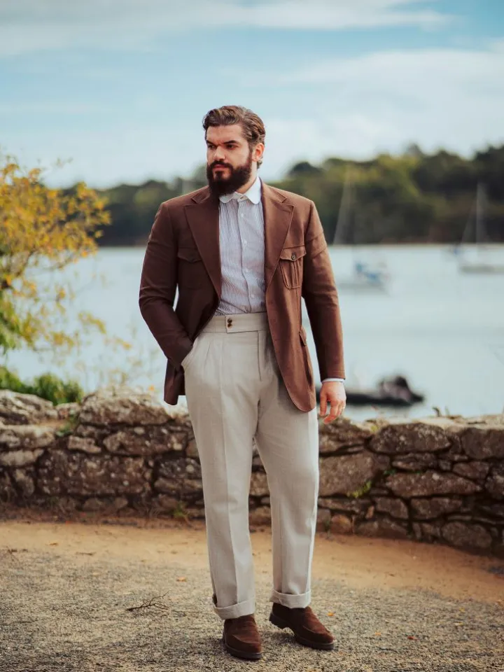 Pantalon taille haute en flanelle beige Litha