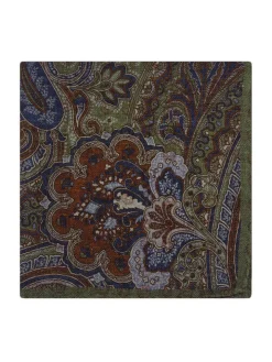 Pochette de costume à motif cachemire en laine réversible vert kaki