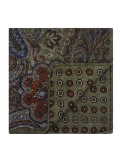 Pochette de costume à motif cachemire en laine réversible vert kaki