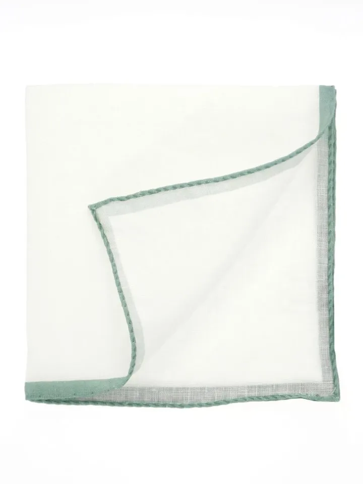 Pochette de costume en lin blanc avec ourlet vert sauge