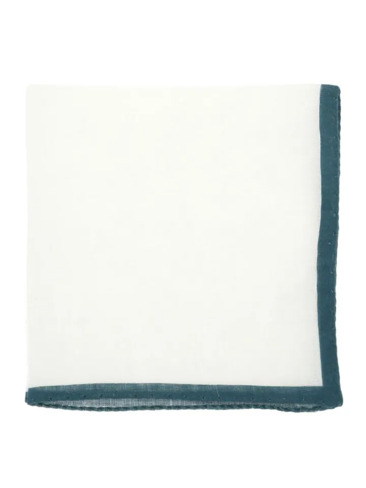 Pochette de costume en lin blanc avec ourlet vert thym