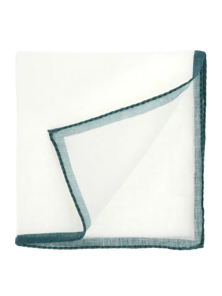 Pochette de costume en lin blanc avec ourlet vert thym