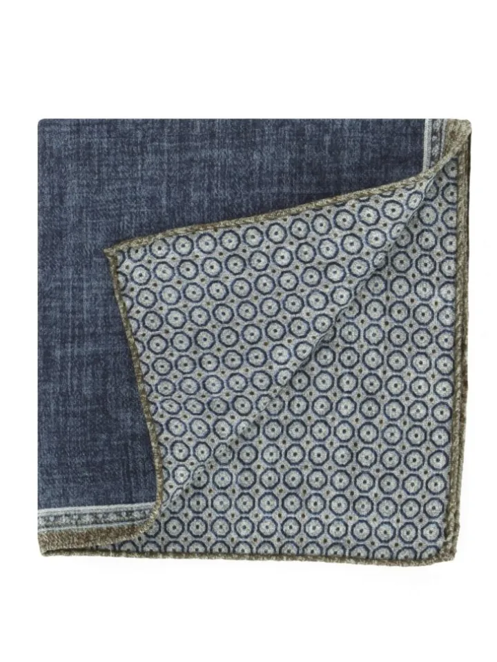 Pochette de costume en soie réversible bleu marine et beige