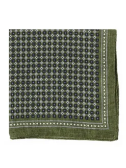 Pochette de costume en soie verte à motifs carrés bleu