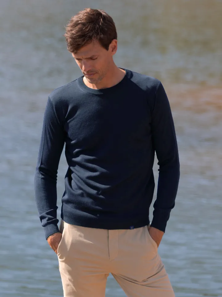 Pull col rond en laine vierge bleu orage