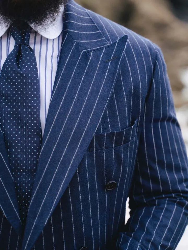Veste croisée en flanelle bleu marine à rayures Tregorn